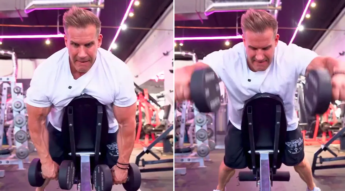 Bodybuilder Jay Cutler Working out with Trap Less Lying Front Raises