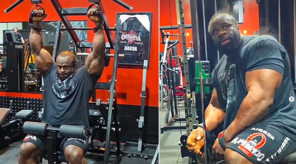 Bodybuilder Samson Duada performing his On Fire back workout in the gym