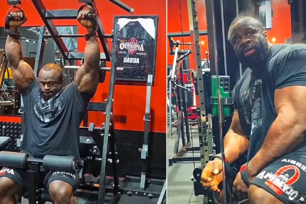 Bodybuilder Samson Duada performing his On Fire back workout in the gym