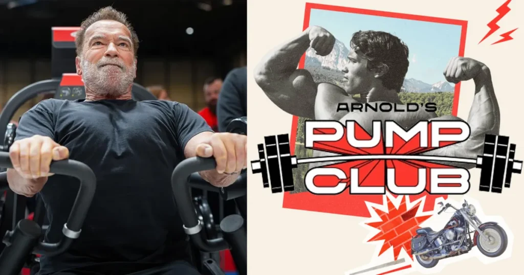 Arnold Schwarzenegger working out with a chest press station to promote his Pump Club for unemployed.webp