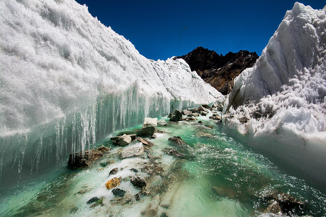 Glacial melt water carving the ice river source Himalayas India.jpg