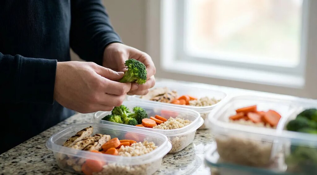 Person preparing healthy meal prep containers with fresh vegetables and protein.jpg