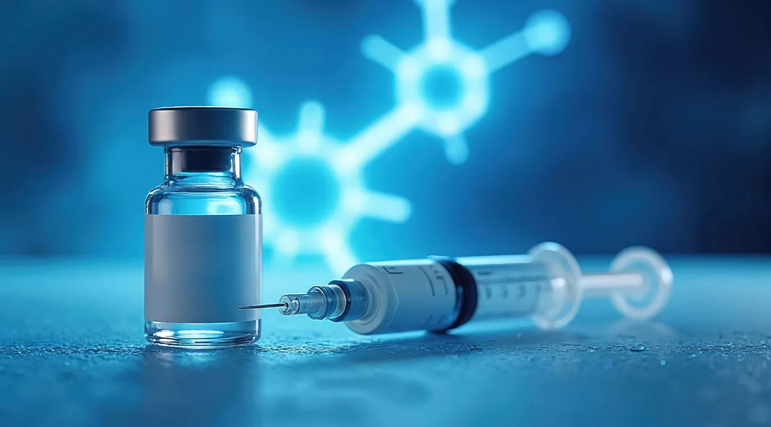 Pharmaceutical vial with sterile syringe used for peptide injection used for antiaging and recovery.webp