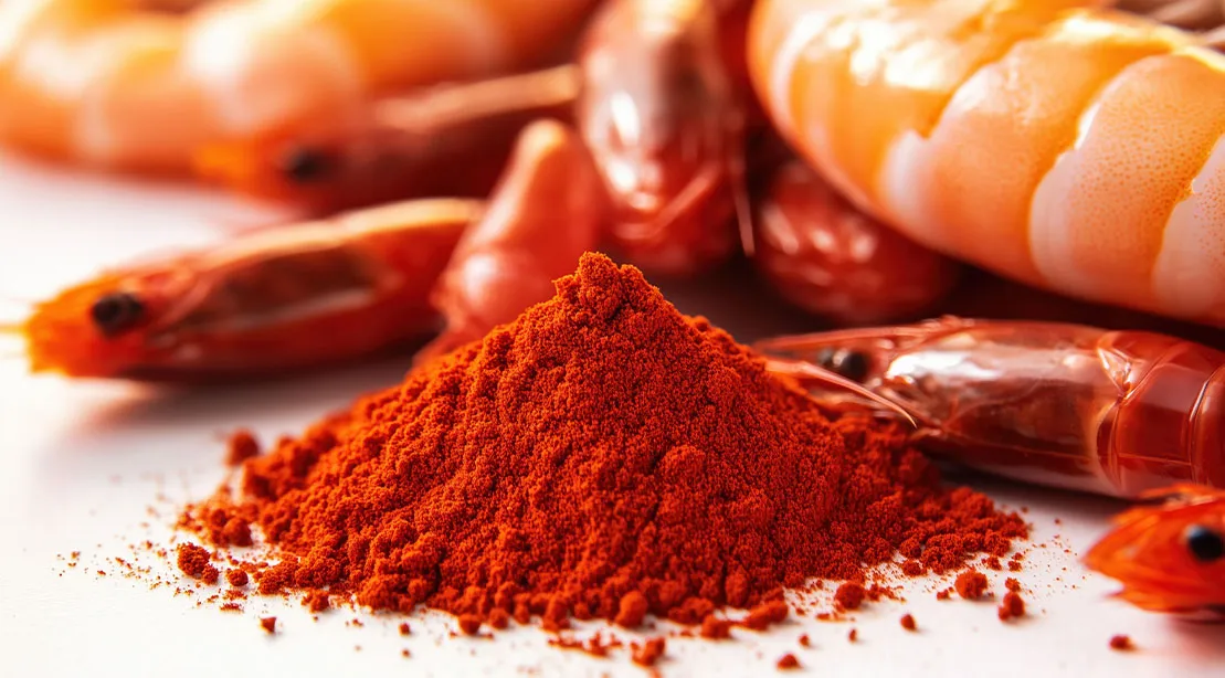 astaxanthin powder next to it sources including shrimp and salmon.jpg